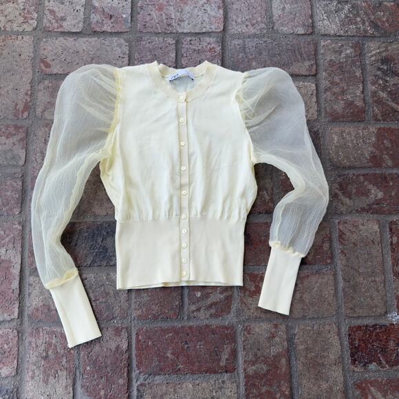 Zara Sheer Sleeve Cardigan Top Pale Yellow Button Up Size S Puff - Picture 1 of 5